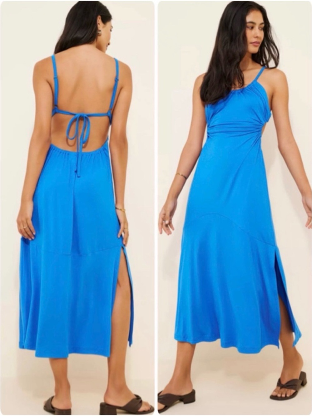 Celandine Anthropologie Blue Ruched Sleeveless Midi Dress Backless Sundress XS
